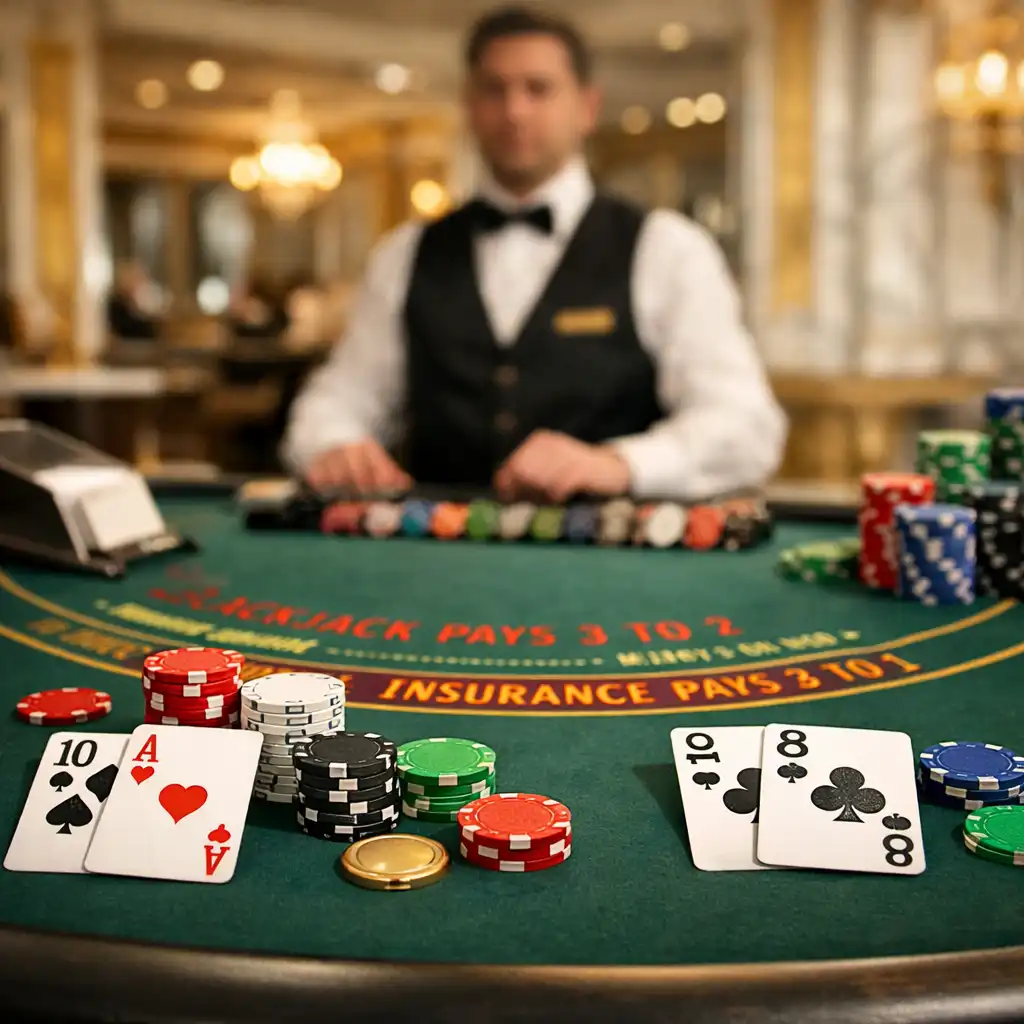 Stół do blackjacka z kartami i żetonami w eleganckim kasynie