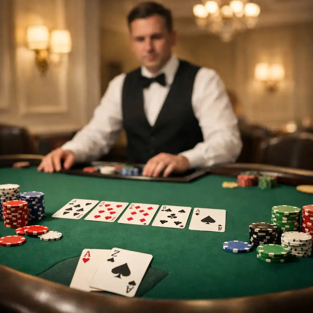 Stół do pokera w jasnym, eleganckim wnętrzu z kartami i żetonami