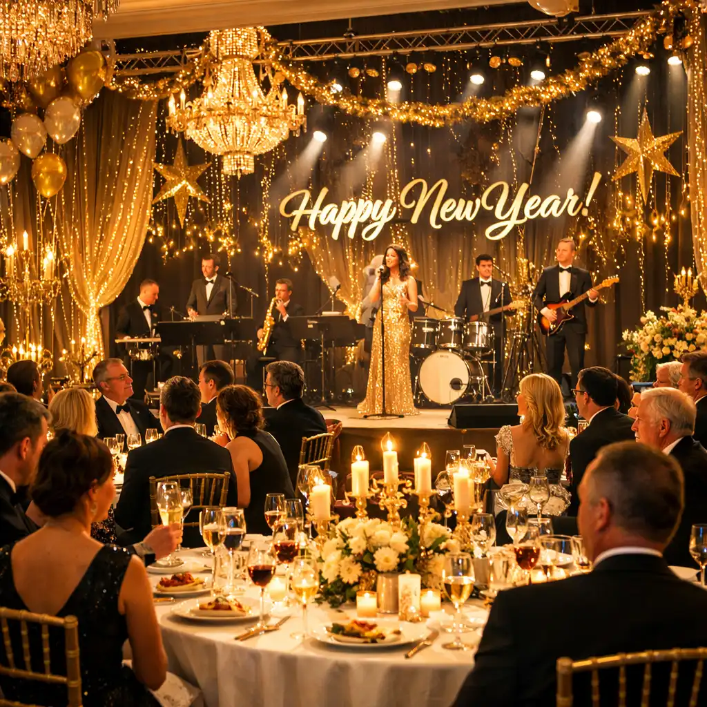 Uroczysta gala noworoczna w eleganckiej sali z gośćmi w formalnych strojach i złotymi dekoracjami