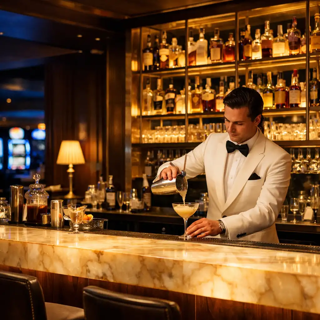 Wyrafinowany bar koktajlowy z podświetlanym marmurowym blatem i barmanem przygotowującym drinka