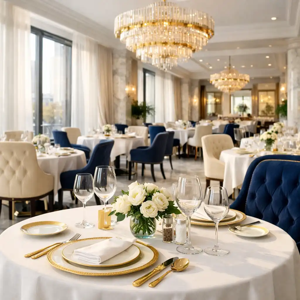 Elegancka sala restauracyjna z białymi obrusami, złotymi talerzami i żyrandolem