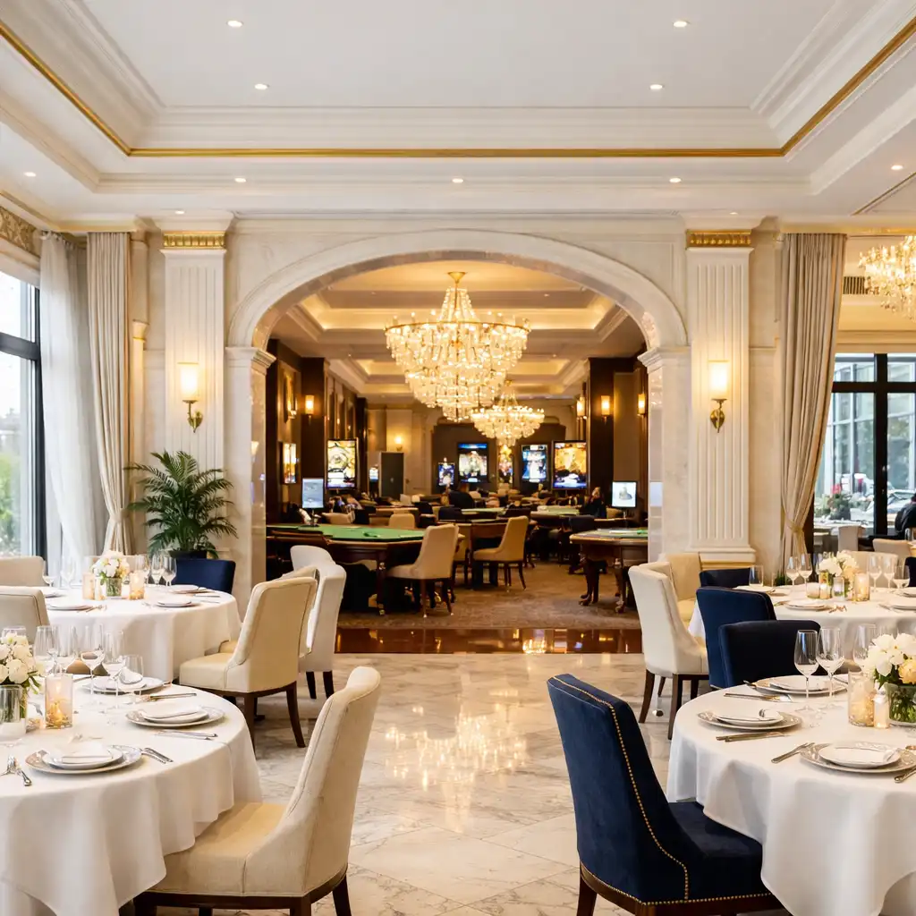 Eleganckie, jasne wnętrze restauracji Culina Ryparlor z marmurowymi detalami i złotymi akcentami