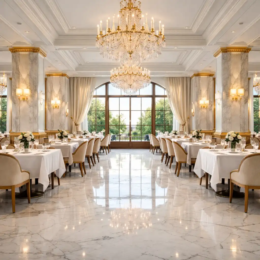 Jasne, eleganckie wnętrze restauracji Culina Ryparlor z marmurowymi podłogami, złotymi akcentami i dużymi oknami