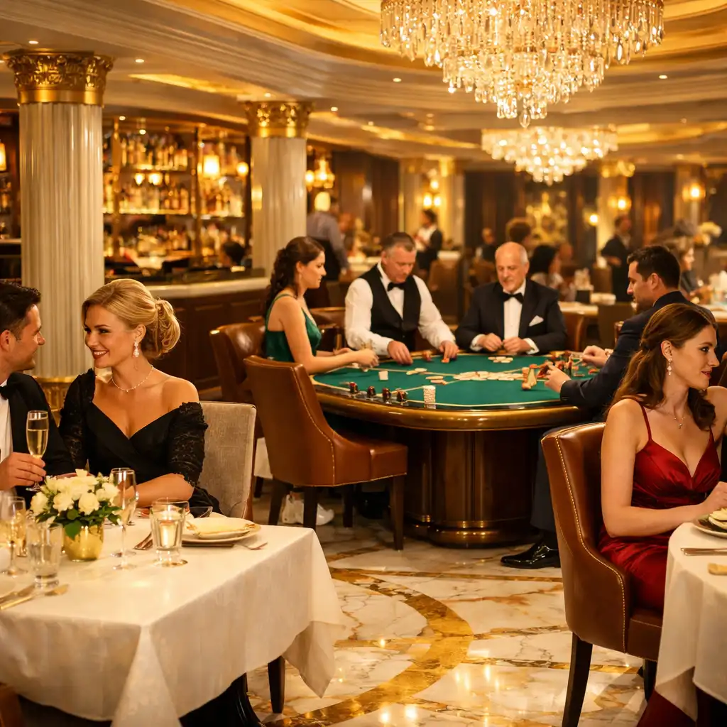 Eleganckie wnętrze Culina Ryparlor z marmurowymi podłogami, złotymi akcentami i stołem do pokera w tle