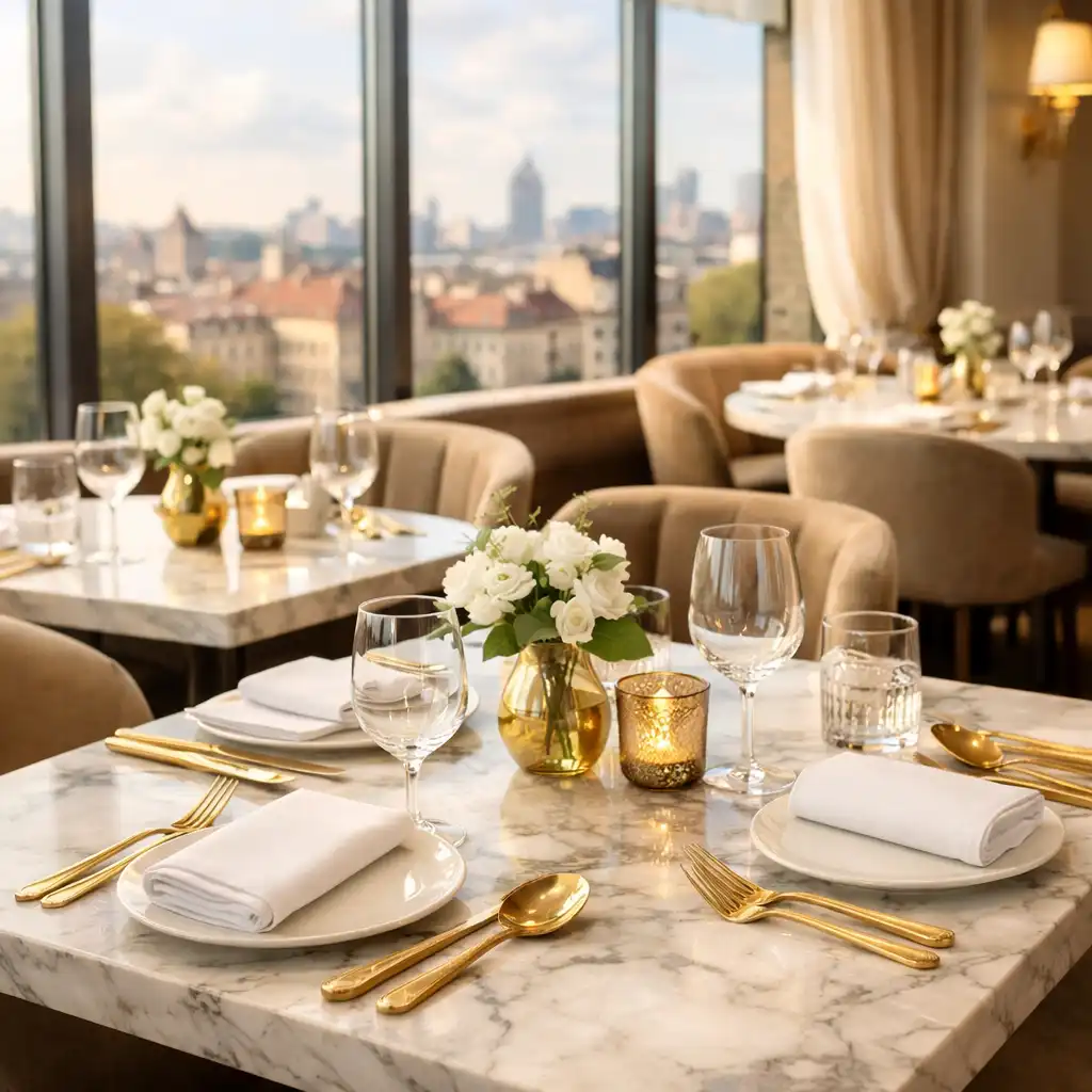 Wnętrze restauracji Culina Ryparlor z elegancko nakrytymi stołami i marmurowymi blatami